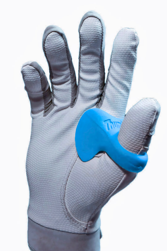 Blue Baseball Thumb guard on hand 2