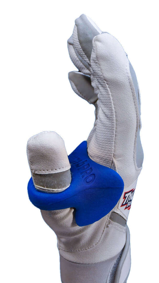 ThumbPRO Performance Baseball and Softball Thumb Guard On The Hand, Blue Bomber