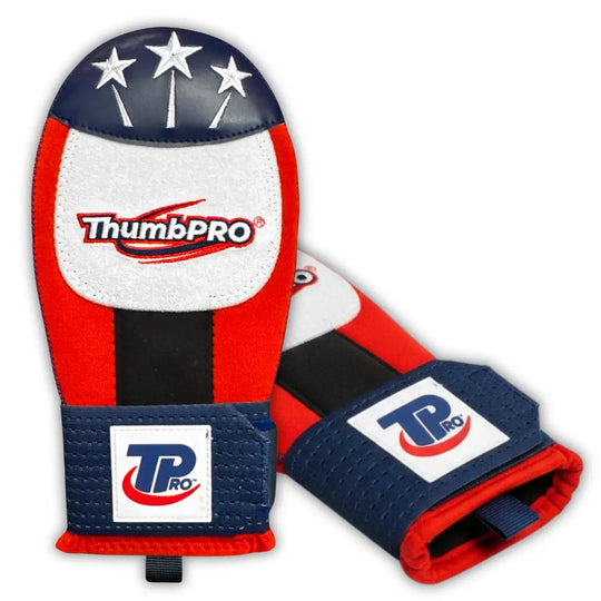 Red, white, and blue ThumbPRO sliding mitt with stars on a white background