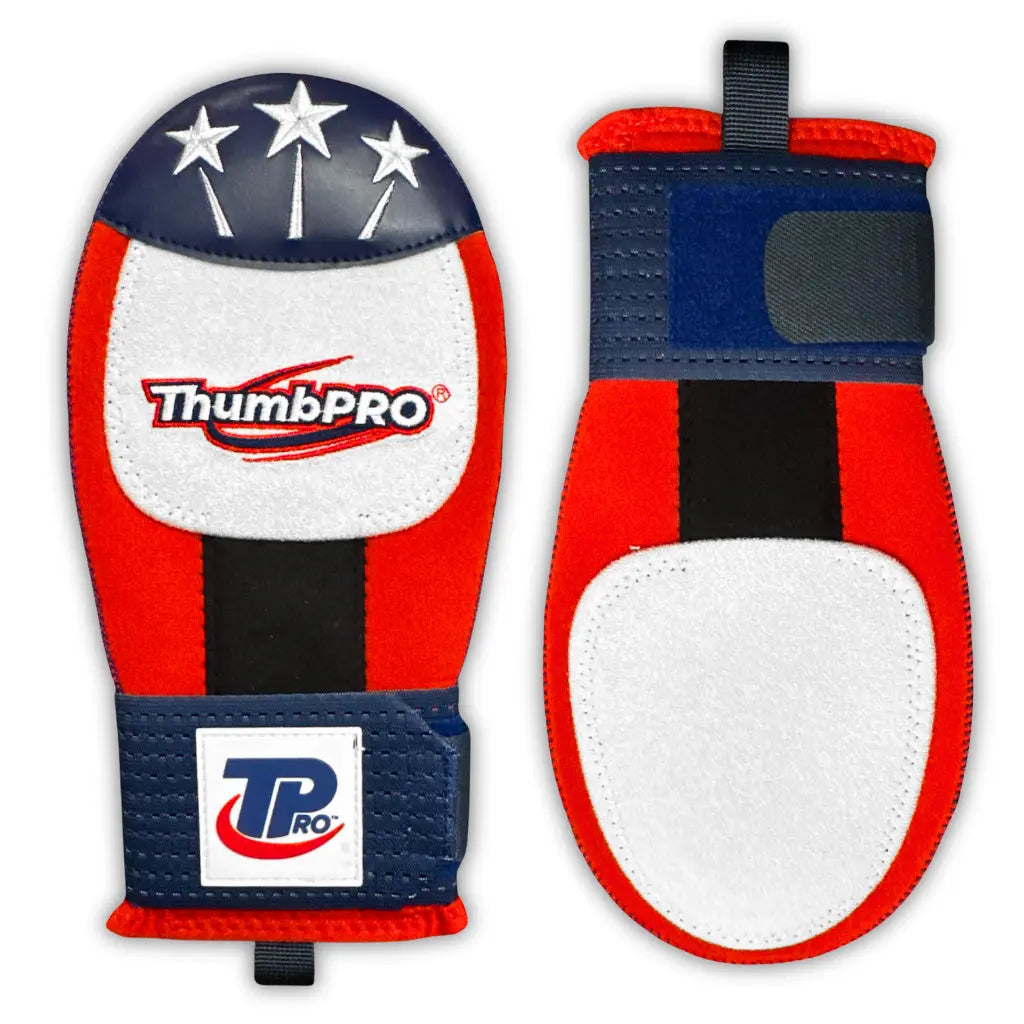 Red, white, and blue ThumbPRO sliding mitt product on a white background. Featured both front and back side