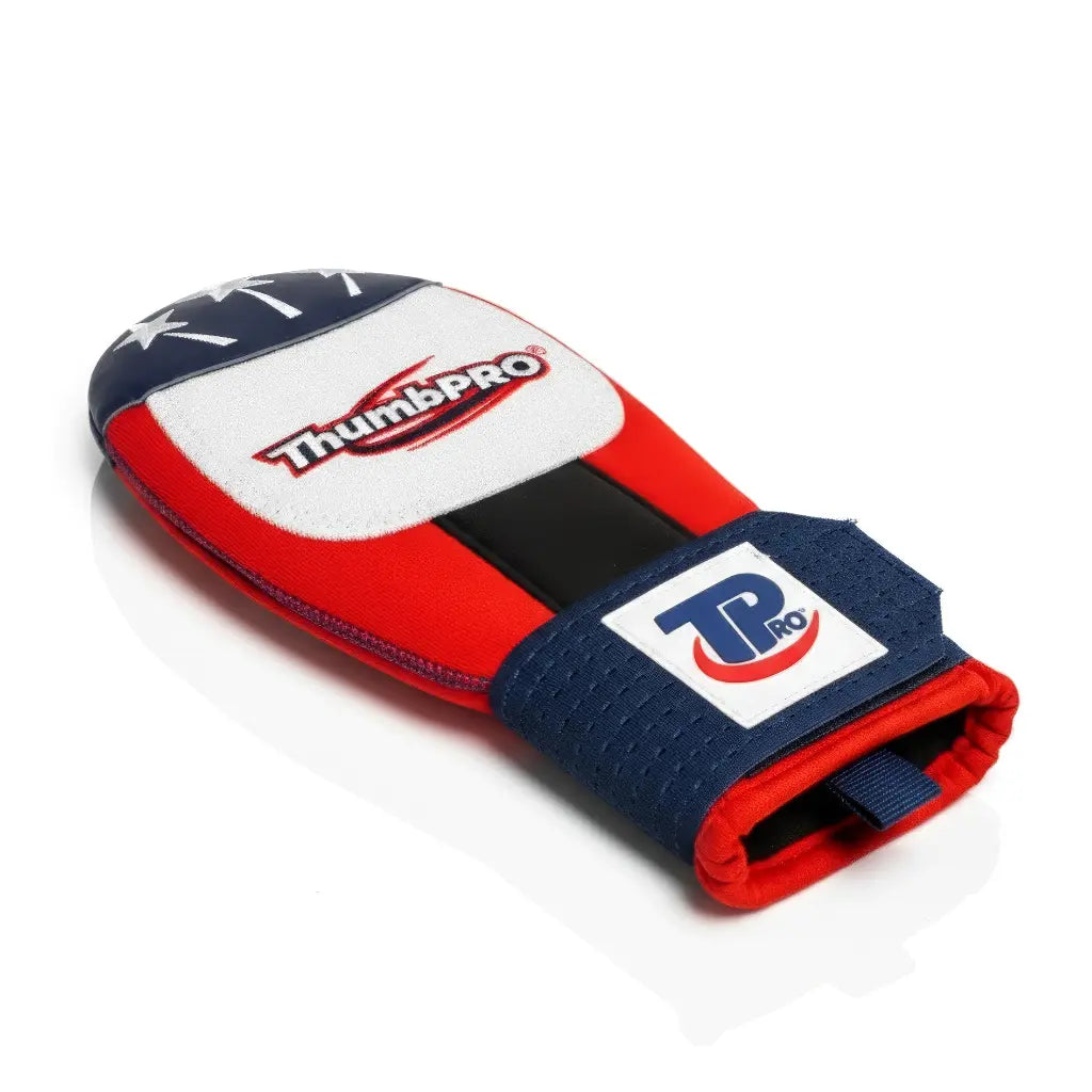 ThumbPRO baseball sliding mitt with red, white, and blue colors on a white background