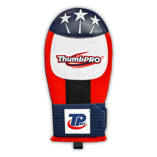 Front view of the Red, white, and blue ThumbPRO sliding mitt on a white background

