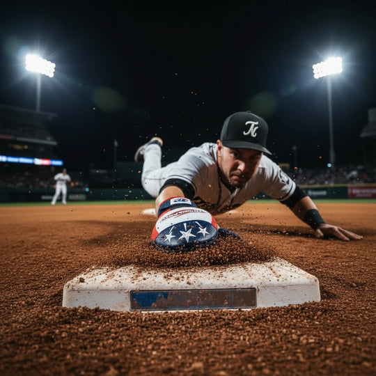 Baseball player sliding into a base on a field at night wearing ThumbPRO baseball sliding mitt
