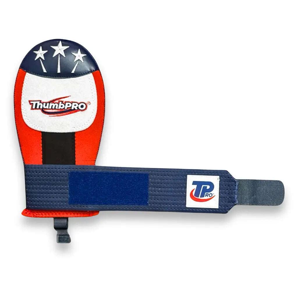 ThumbPRO sliding mitt with the velcro strap with red, white, and blue design on a white background